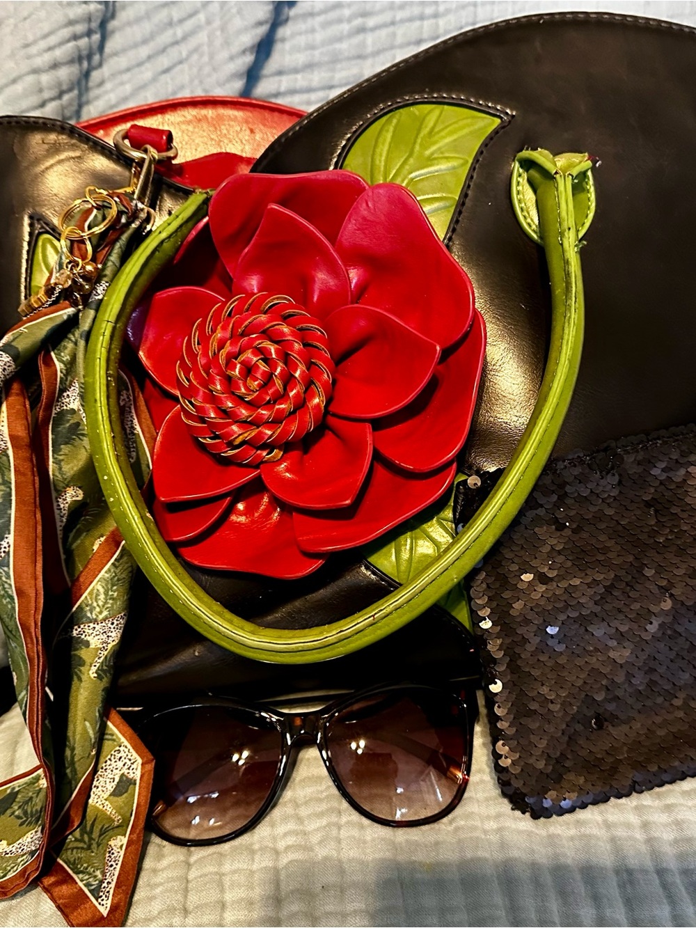 Women’s Shoulder Bag w/ Floral Appliqué, charm, scarf, sequin bag & sunglasses